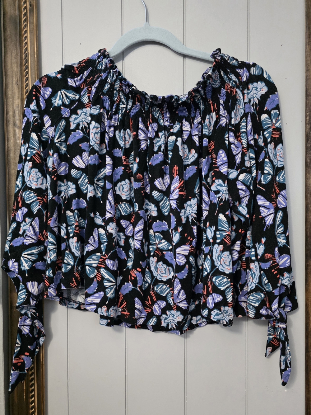 We The Free Black Floral Off-Shoulder Top with Lavender and Teal Accents